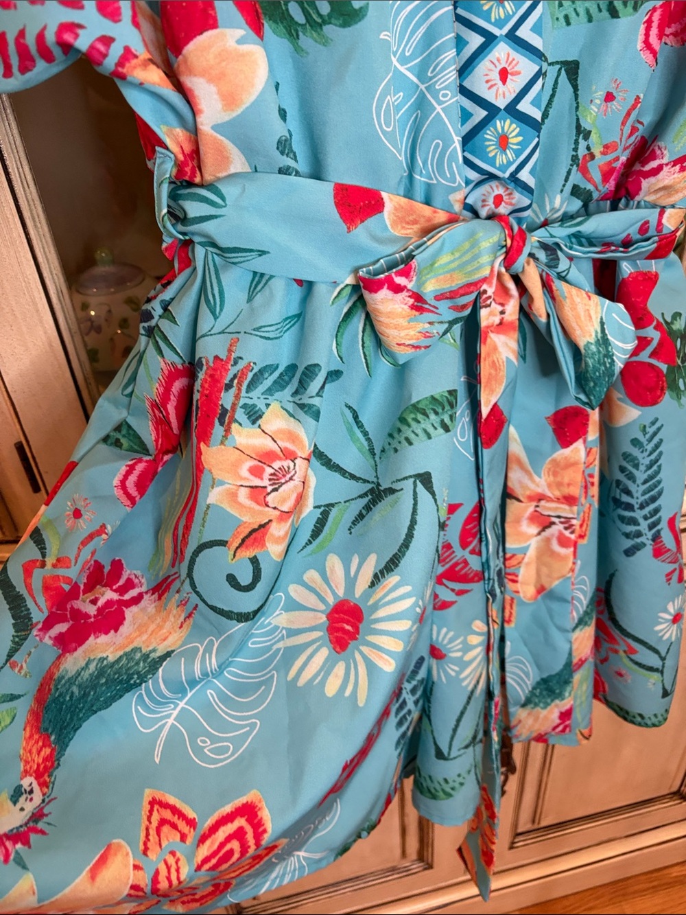 Turquoise SHEIN Floral Faux-Wrap Romper with Belt - Picture 5 of 9